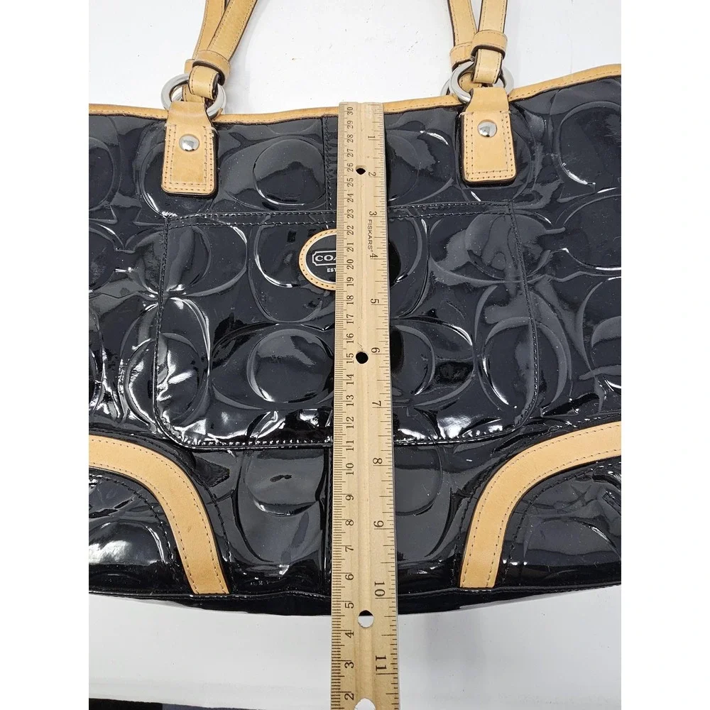 Coach Tote Bag Womens Medium Black Signature C Patent Leather Shoulder Purse